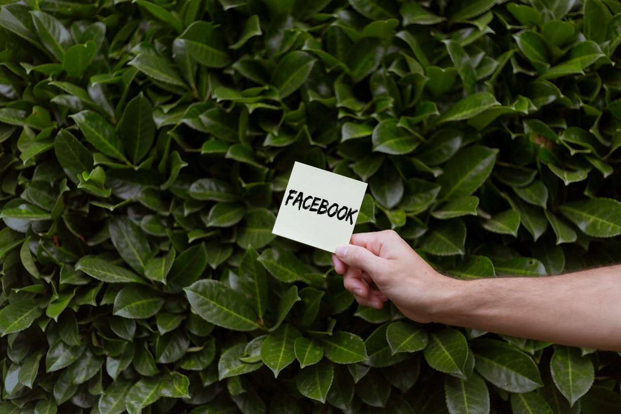A hand holding a note with Facebook written on it against a backdrop of lush green leaves.
